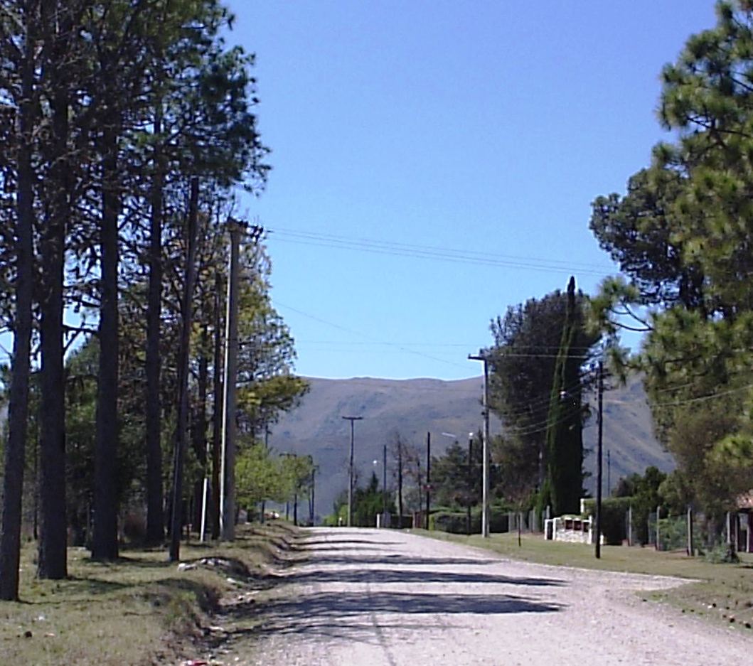 Huerta Grande — calle con pinos y sierras de Córdoba